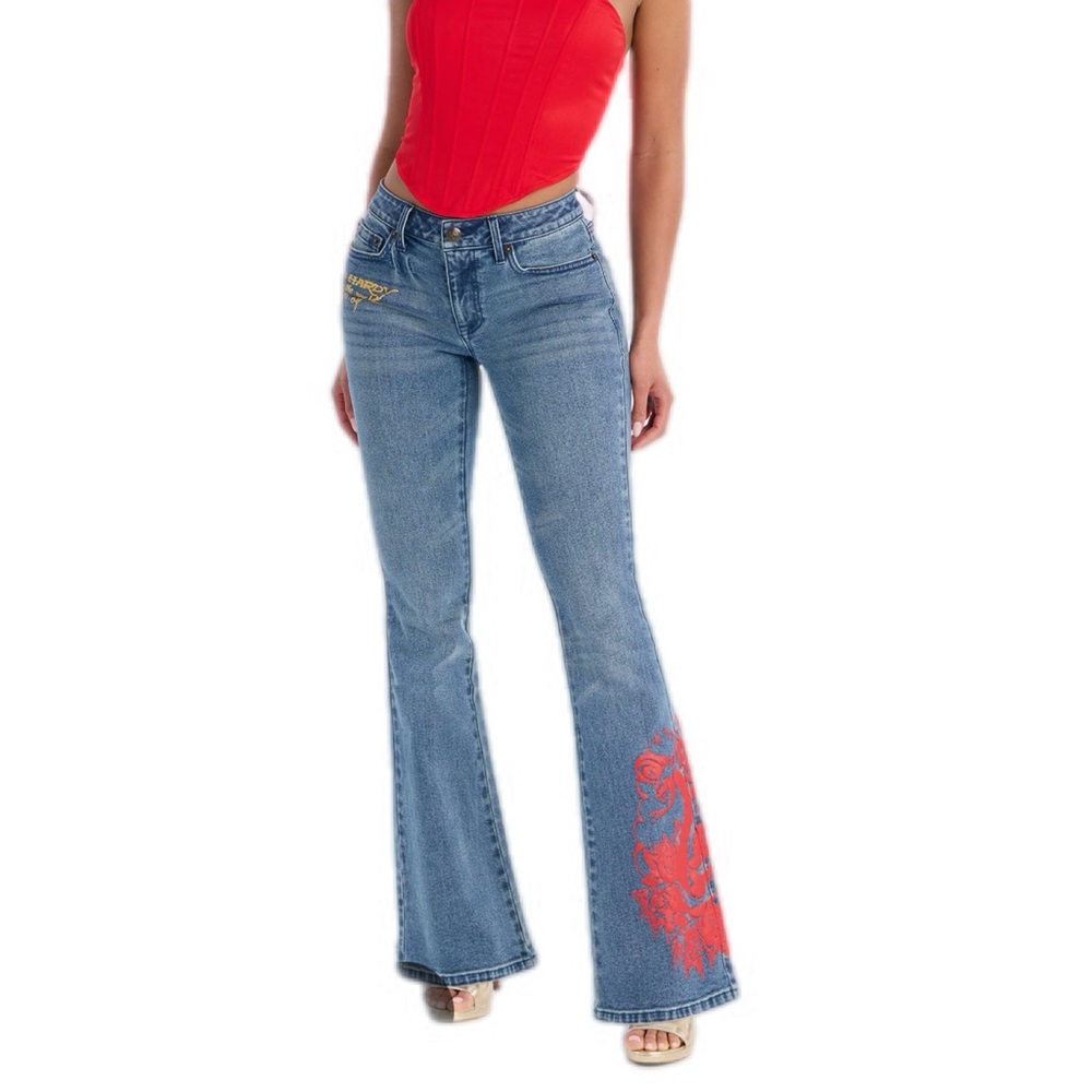 Ed Hardy Blue Boot Cut Jeans with Red Design